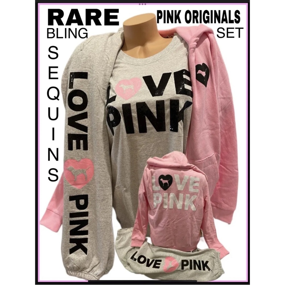 NEW VICTORIAS SECRET PINK  BLING SEQUIN SET FULL ZIP HOODIE & PANTS - Picture 13 of 15
